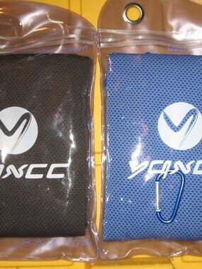 Lot of 2 Cooling Towels Blue & Black w/ Carry Pouches and Carabiners New in Wrap